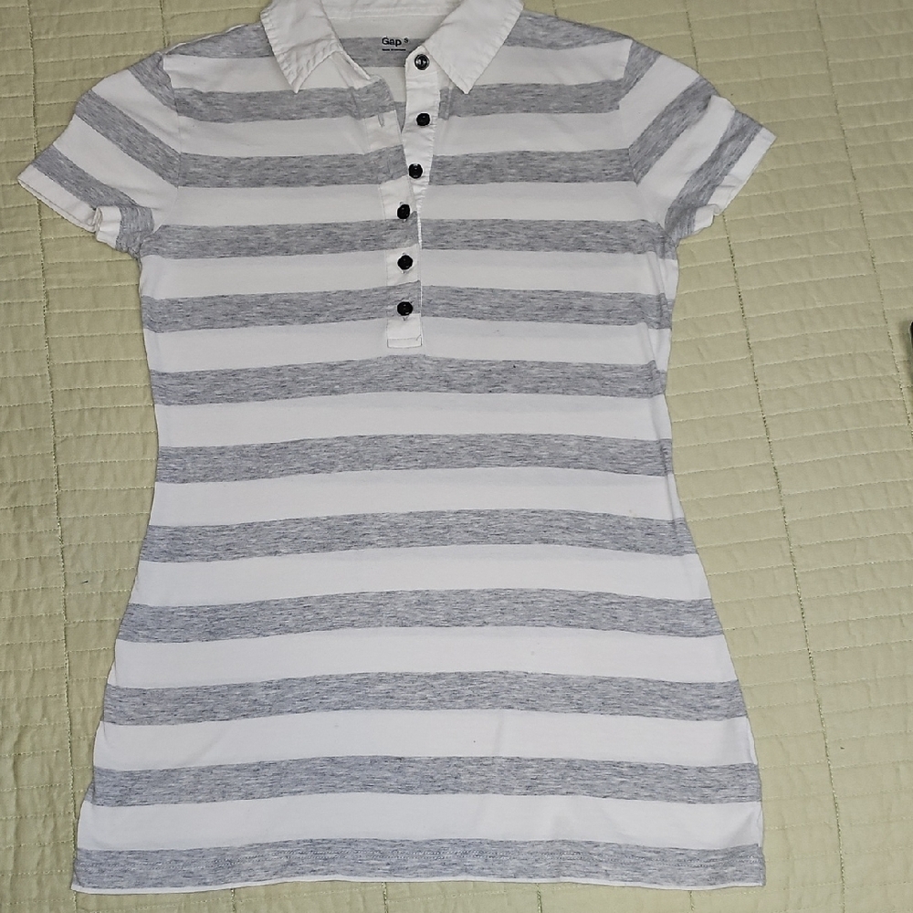 Gray and White Striped Polo Shirt